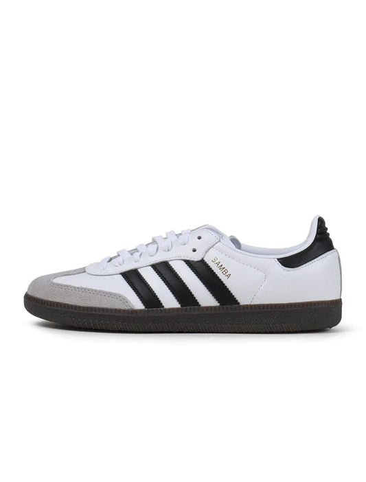 Adidas Samba OG sneaker in white with black stripes, suede toe, and dark gum sole.
